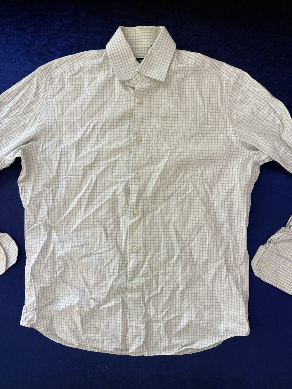 Hugo Boss Mens Dress Shirt 16 34/35 L White Blue Grid Check Two Ply Cotton Long